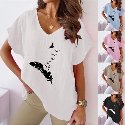 2023 Summer Women's V-neck Batwing Sleeve T-shirt with Feather Print