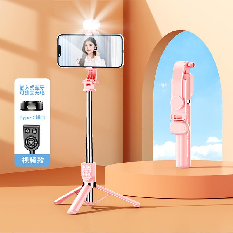 Extendable 1M Bluetooth Selfie Stick with Fill Light and Tripod Stand for Handheld TikTok Live Desk Mount