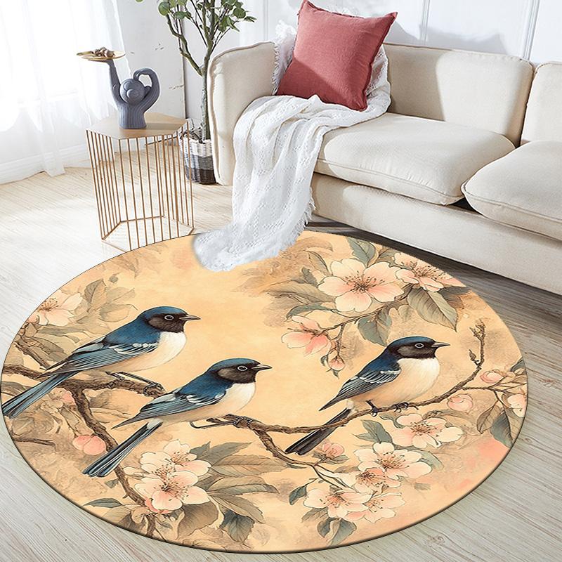 Birds On Branches Round Area Rug,Carpet Rug for Living Room Bedroom Sofa Playroom Decor,Non-slip Floor Mat