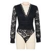 Sexy Lace Long Sleeve Fitted Bodysuit, Black Solid Lingerie Inner Top, European American Style Women's Cami Bodysuit for Daily Wear
