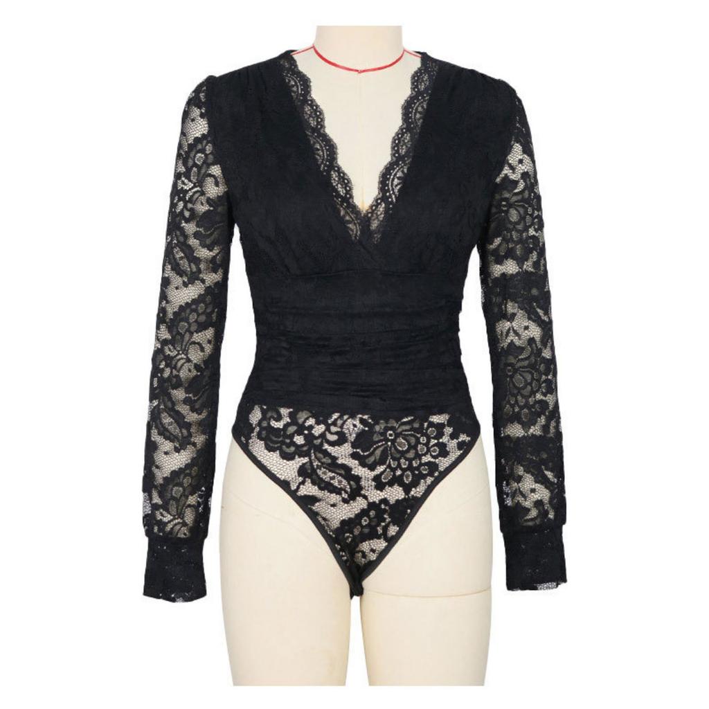 Sexy Lace Long Sleeve Fitted Bodysuit, Black Solid Lingerie Inner Top, European American Style Women's Cami Bodysuit for Daily Wear
