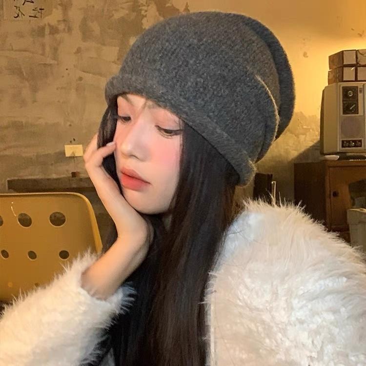 Solid Color Cold Hat Internet Celebrity Hat Women's Autumn and Winter Plush Knitted Face Small Pile Hat Big Head Circumference Bag Head Hat