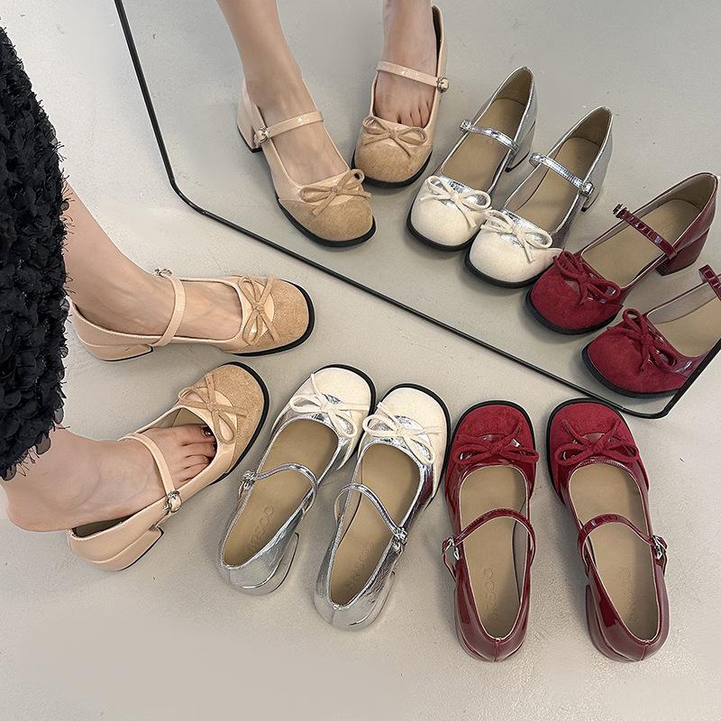 French Retro Color Matching Thick Heel Increased Mary Jane Shoes Women's 2025 Summer New One-word Buckle with Bow Single Shoes