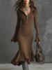 2025 Autumn Elegant Knit Fishtail Skirt with Zipper Lapel and Bell Sleeves - European and American Style