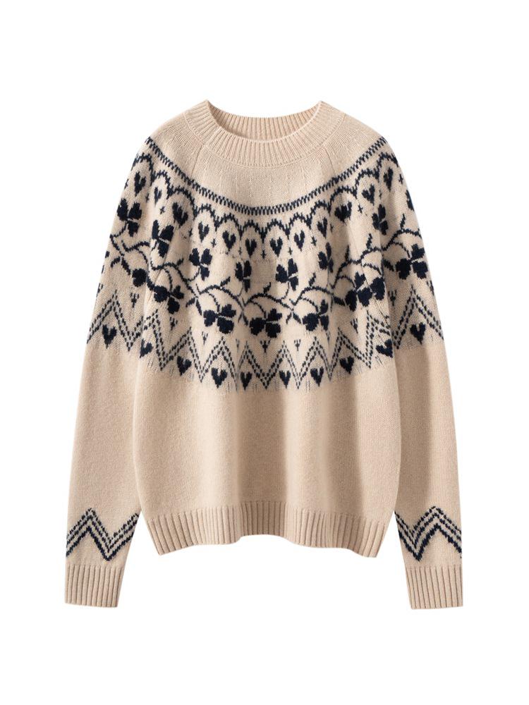 Women's Fair Isle Color Block Cashmere Knit Sweater: Autumn/Winter Slim Fit Pullover