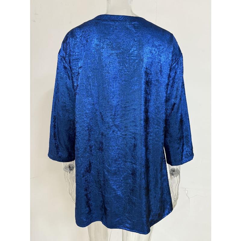 Women's Large Size T-shirt Spring and Summer Seven Quarter Sleeve Shiny Loose Casual Female T-shirt Fashion V-neck Solid Color Office Ladies Tee Tops