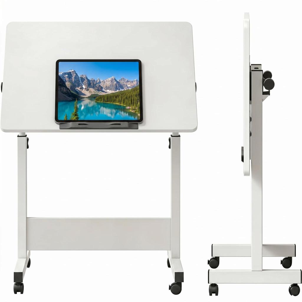 Pequena Mesa de Computador Compacta Branca de Pé 80 x 40 Altura Ajustável de 65 a 87 com Trava Arredondada para Colisão, Mesa Ajustável em Altura, cm,