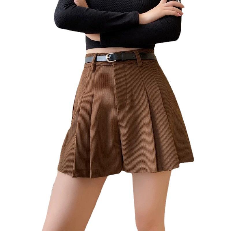 Casual All-match Versatile Corduroy Pleated Skirt Trousers for Women Autumn Winter High-Waisted Slimming Shorts Simple Versatile A-Line Trousers