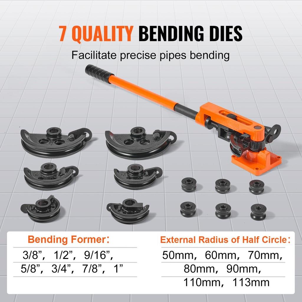 Pipe Tube Bender, 3/8" to 1" OD Manual Pipe Tube Bender with 7 Bending Dies, 180° Copper Aluminum Pipes Bending Tools for HVAC Air Conditioning