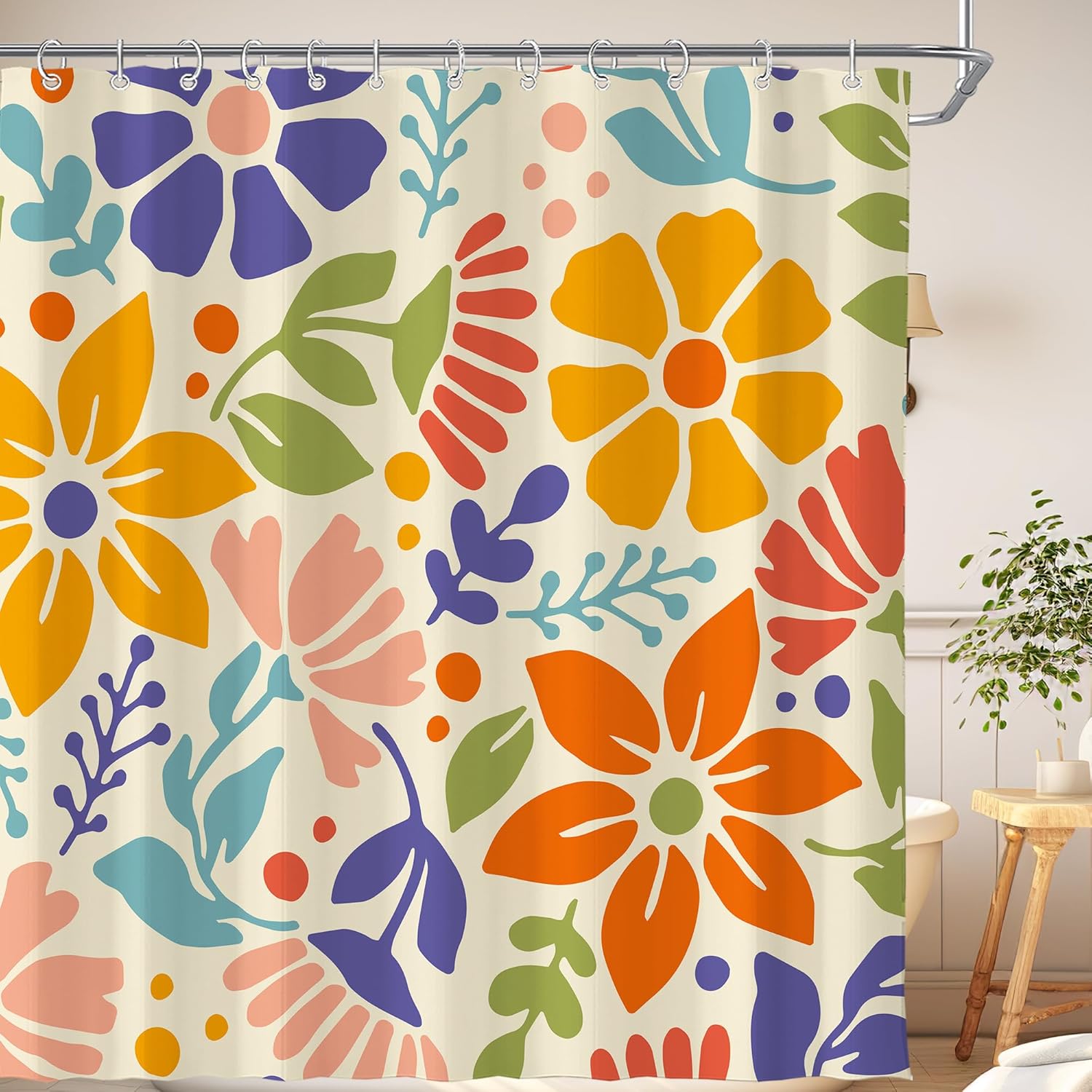 

Tropical Flower Shower Curtain Bright Abstract Pattern Bathroom Accessory Multi Color Botanical Print Water Resistant Curtains W60H190(CM)-1 Pcs