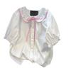 Doll Collar Checkered Lace Up Shirt for Women Puff Sleeved Single Breasted Shirts Summer Loose Embroidered White Tops