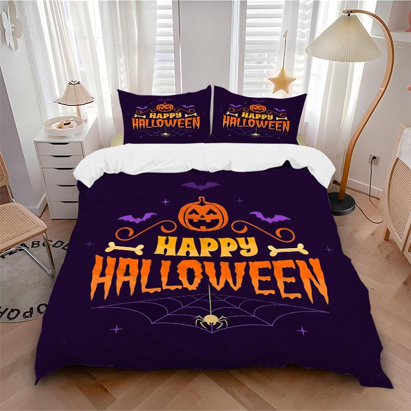 3pcs Featured Happy Halloween Theme Printed Quilt Set - Includes 1 Quilt Cover and 2 Pillowcases, Machine Washable - Suitable for All Seasons.H03