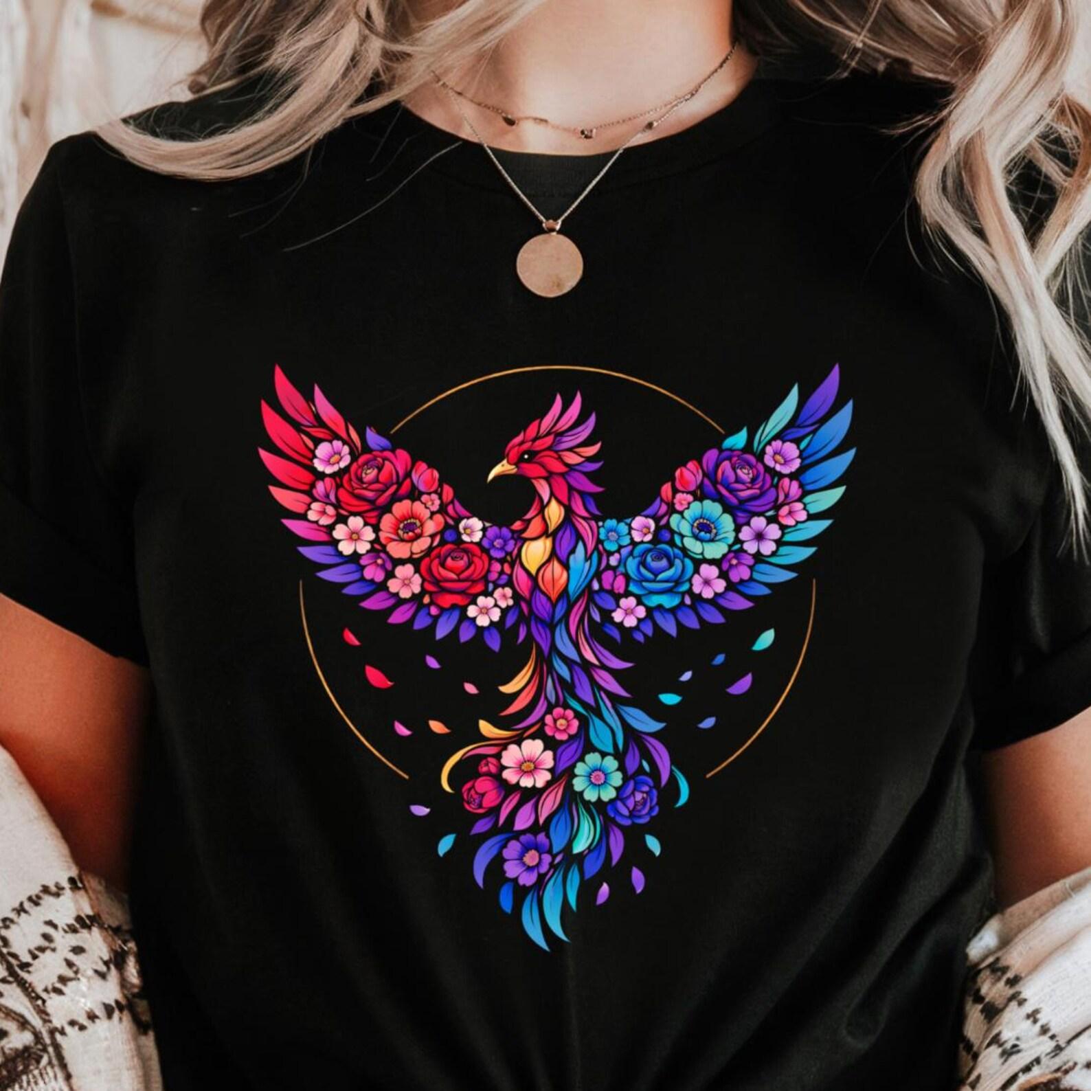 Floral Phoenix Shirt | Colorful Rebirth Bird Design | Botanical Fantasy Tee 2XL