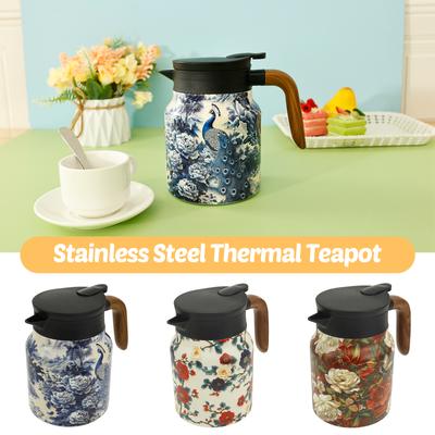 1000 ML/33.82 Oz Tea Kettle Stainless Steel Insulated Thermos Pot Vintage Flower Tea Kettle with Tea Infuser for Office and Home