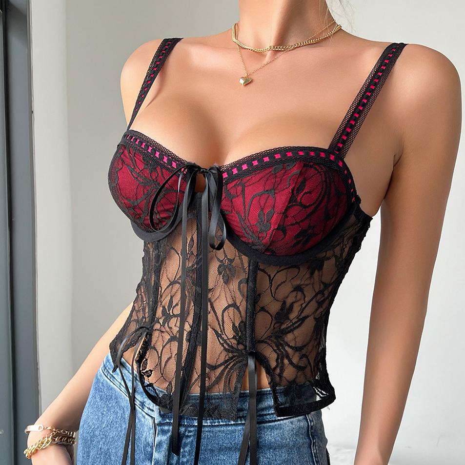 VEZFAA Women's Fashion Casual Lace Print Summer Spring Sleeveless Suspenders Sexy Bodysuits