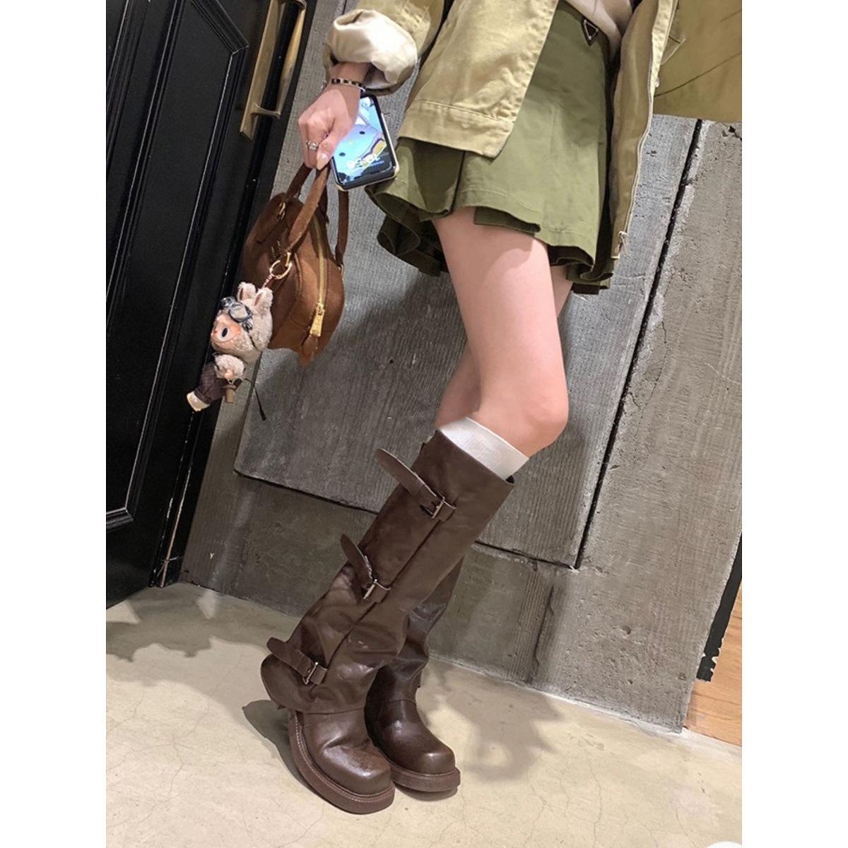 

Cowhide version Wasteland wind Maillard summer boots women s Xinjiang thick-soled trouser tube boots women s pleated short tube stacking boots 40