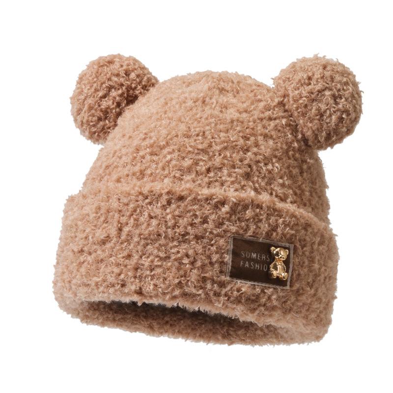 Bear Plush Hat for Women In Autumn and Winter Pullover Cute Hat Plus Velvet Thickened Confinement Period Warm Cold Ear Protection Cold Hat