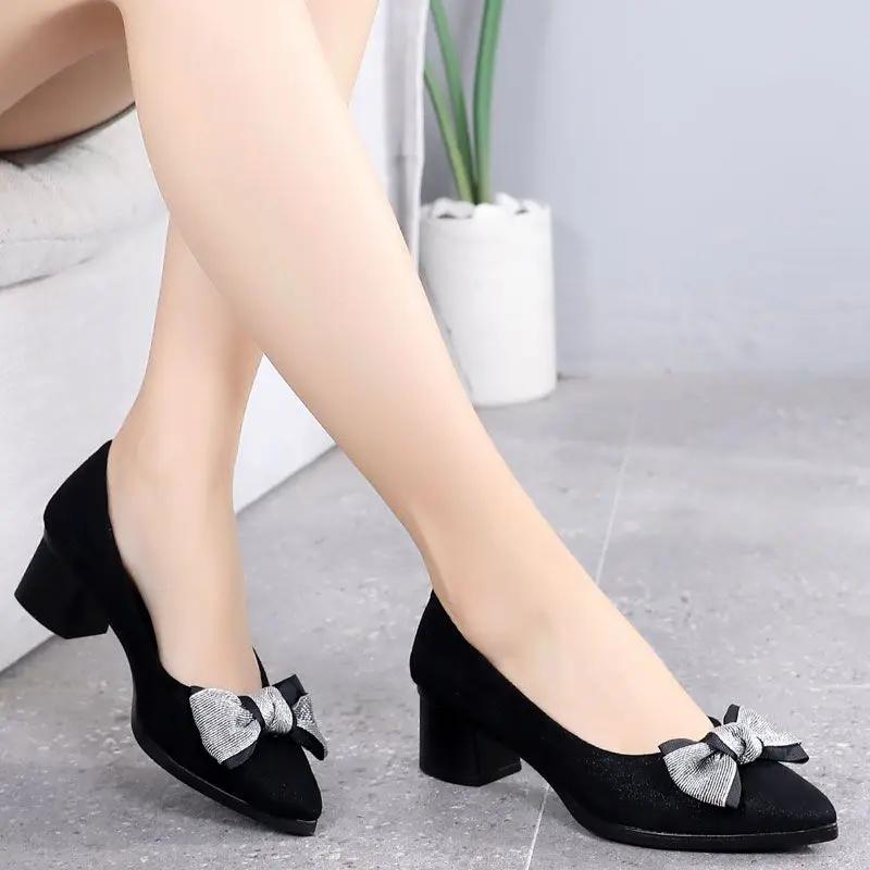 Chunky Heels Office Shoes for Women Block Heel On Heeled Pointed Toe Woman Pumps High with Bow Quality Young Fashion Non Slip 39