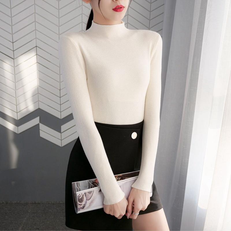 Damen-Pullover, Frühling, Herbst, Winter, halber Stehkragen, Pullover, Primer-Hemd, volle Ärmel, Slim-Fit, enge Basis, gestrickt, schick, einfarbig, Einheitsgröße