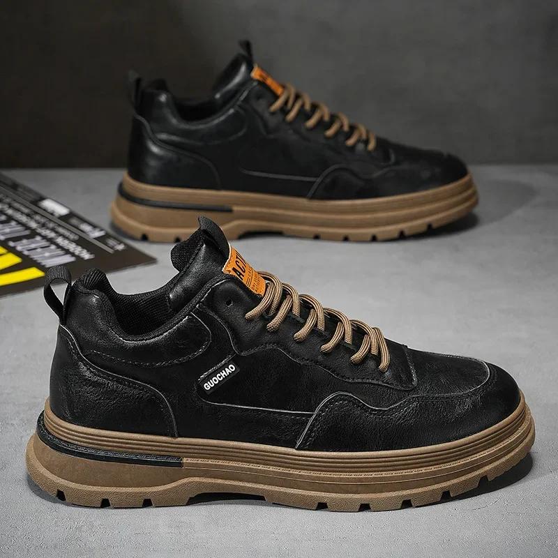 Men Casual Leather Shoes Autumn New Waterproof Work Shoes Casual Thick Soled Lace Up Anti Slip Ankle Boots Comfort Leather Botas