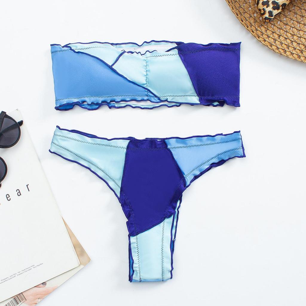 Dam axelbandslös Patchwork Tvådelad Bikini Set Split Triangle Baddräkt Badkläder