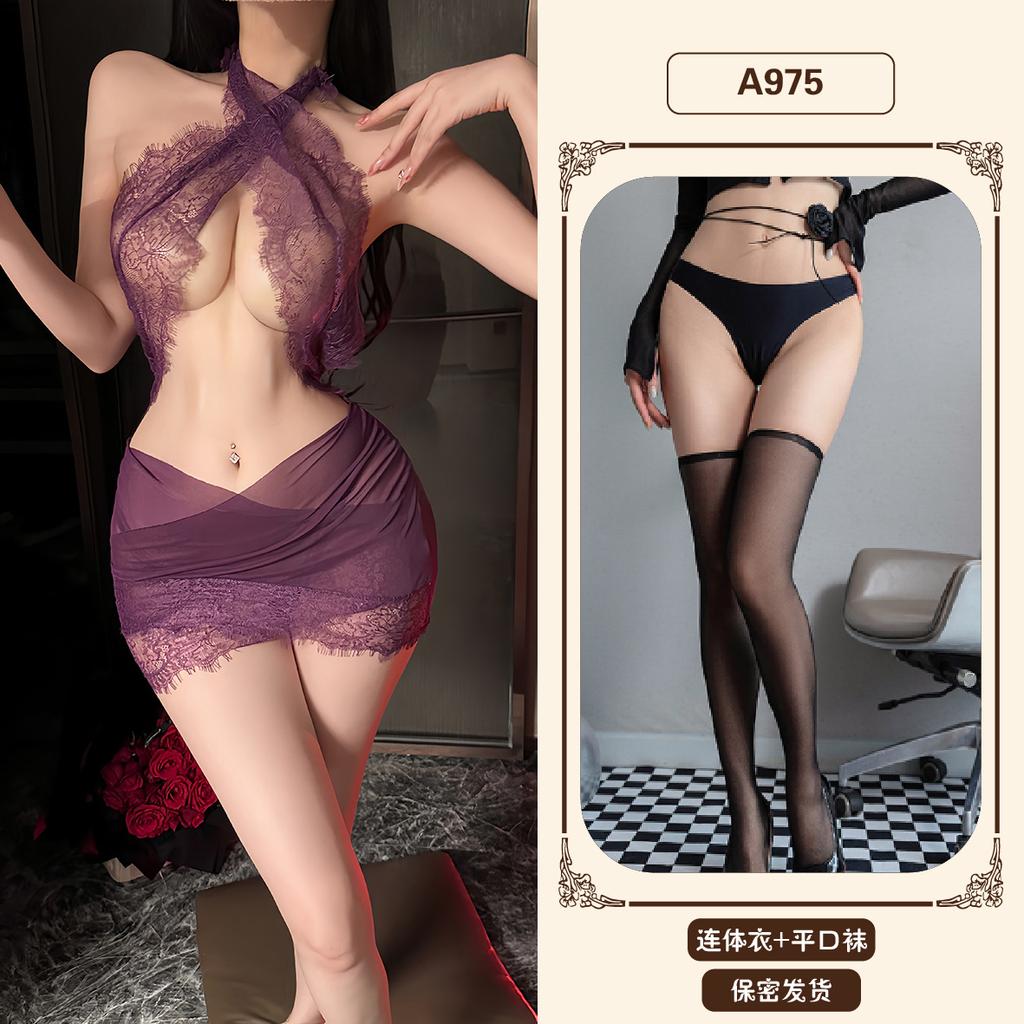 Sexy underwear women's sexy tight neck lace secretary uniform soft yarn hip skirt nightdress set A