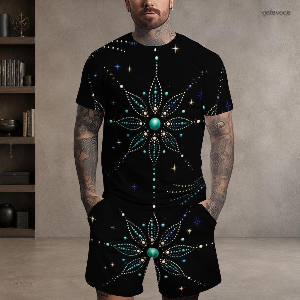 Men s Plus Size Round Neck Short Sleeve Printed Top And Drawstring Shorts With Pockets Two Piece Set Black Blue Green