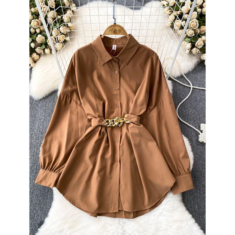 

Chic Spring and Autumn Loose Single-Breasted Casual Shirt Dress Brown One size