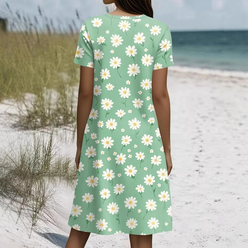 Kurzärmeliges Boho-Kleid für Damen, lässig, lockere Passform, Sommerkleid mit Print, Rundhalsausschnitt, mit Taschen