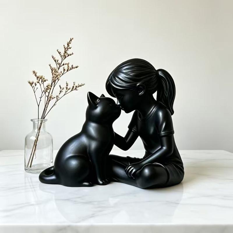 Girl and Cat Resin Statue Exquisite Craft Mini Decorative Figurine Portable Desktop Ornament for Bookshelf Decor Graduation Gift