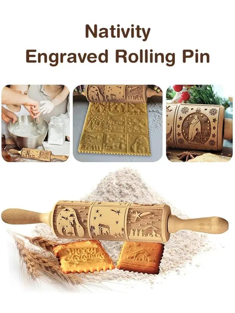 Kitchen Nativity Engraved Rolling Pin Embossed Dough Roller Xmas Cookie Cutter Pastry Christmas Gifts Carved Mold Cookies Natal