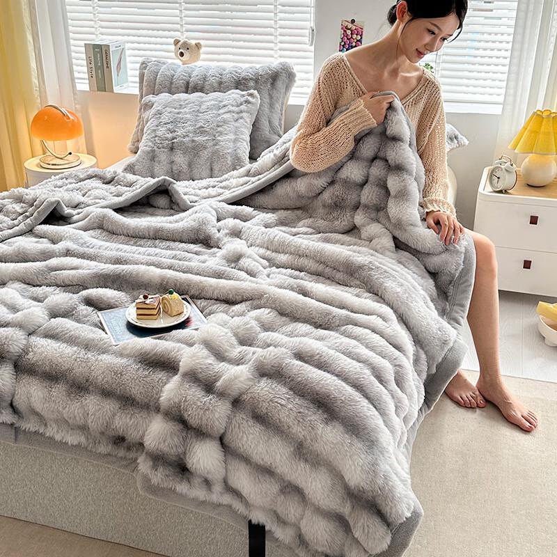 OEING Tie-Dye Faux Rabbit Fur Flannel Blanket