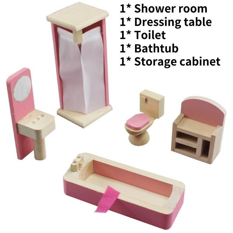 Entzückendes Holzpuppenhaus-Möbelset für Kinder mit farbenfrohen Schlafzimmer-, Küchen- und Wohnzimmer-Accessoires