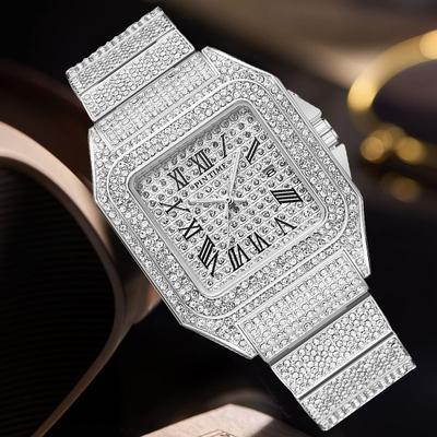 Brand Square Men Quartz Watch Ice Out Luxury Full Diamond Ultra Thin Waterproof Hip Hop Wristwatch