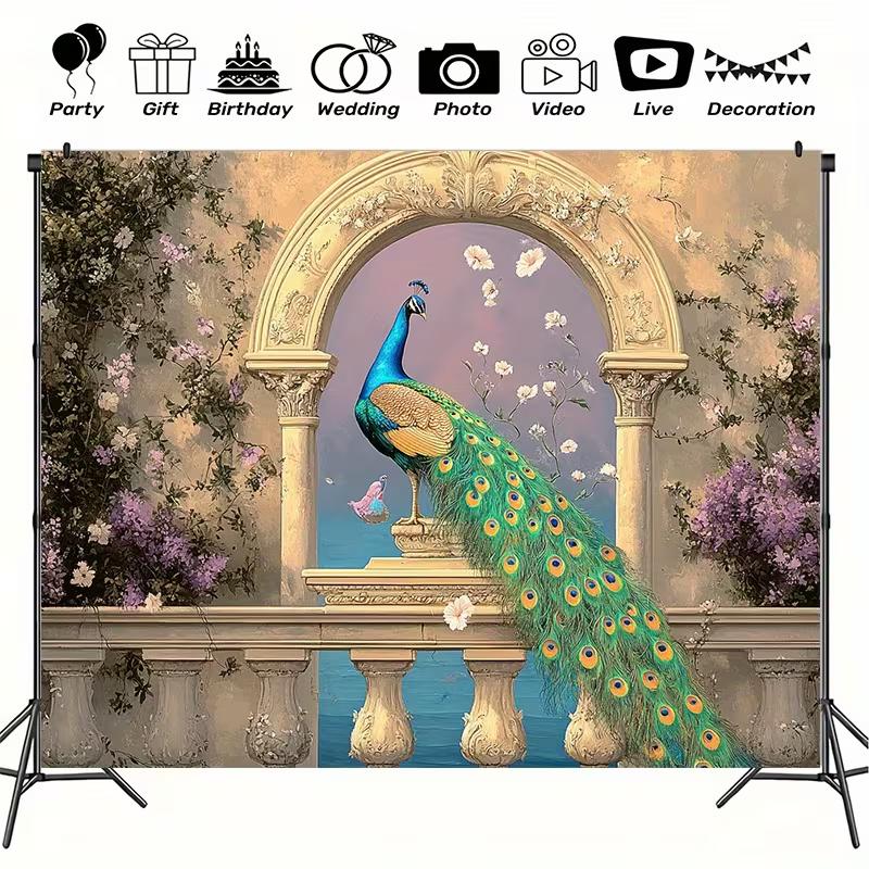 2D Elegant Peacock On Balcony Backdrop, 2D Luxury Floral Decor