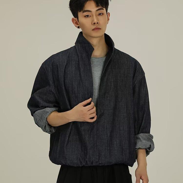 

Unisex V-Neck Layered Denim Sweatshirt - Trendy Loose Fit L синій