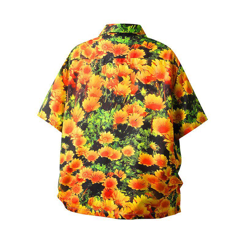 Retro Dark Green & Orange Chrysanthemum Cuban Collar Shirt