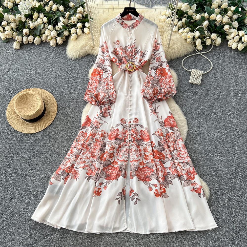 Spring Summer Fashion Vintage Flower Maxi Dress Women's Stand Collar Long Lantern Sleeve Single Breasted Floral Print Belt Slim Boho Dress