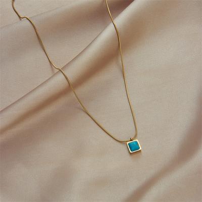 Gold Plated Herringbone Chain Square Square Turquoise Pendant Necklace