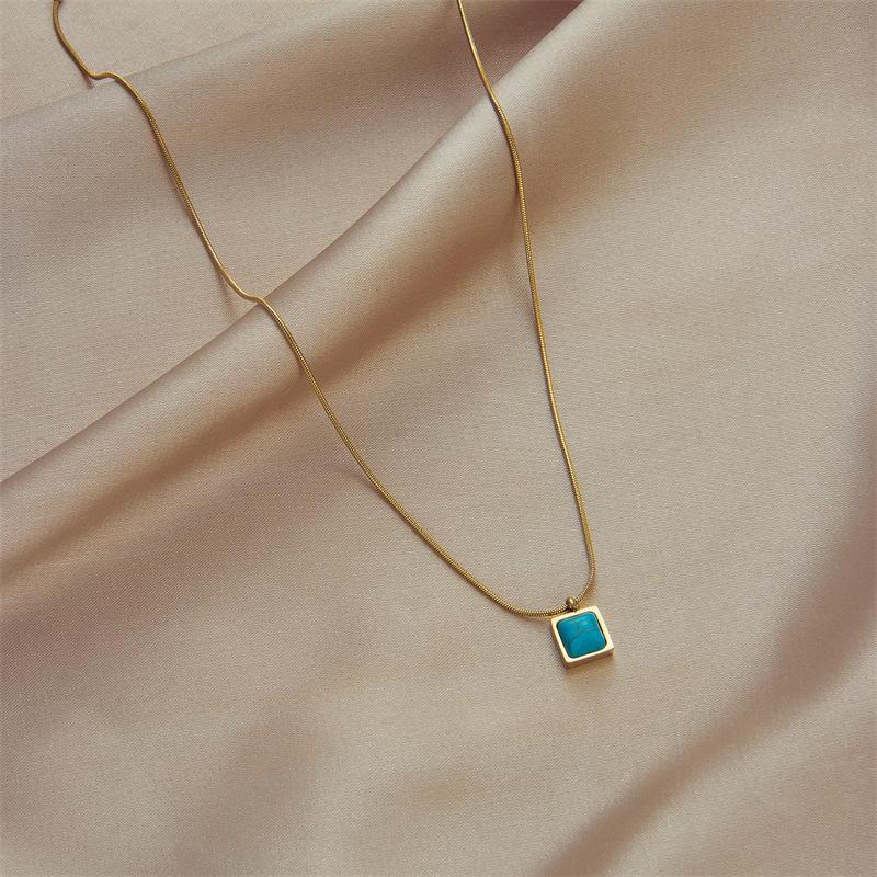 Gold Plated Herringbone Chain Square Square Turquoise Pendant Necklace