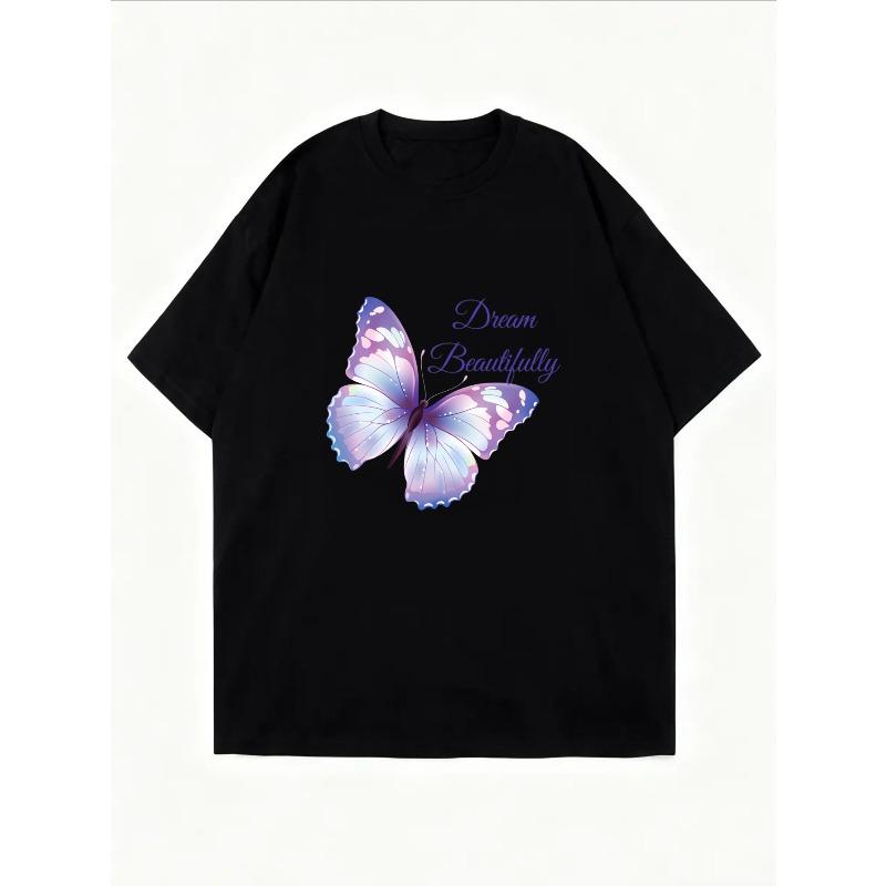 Women Casual T Shirt White Butterfly Dream Beautifully Print Summer Top For Everyday Wear