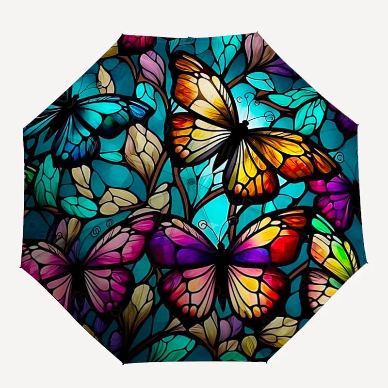 1pc Stained Glass Butterfly Design Automatic Folding Umbrella - Portable 3-Fold Design with 8-Bone Iron Frame, Outdoor for Fans, Travelers, Daily Use,