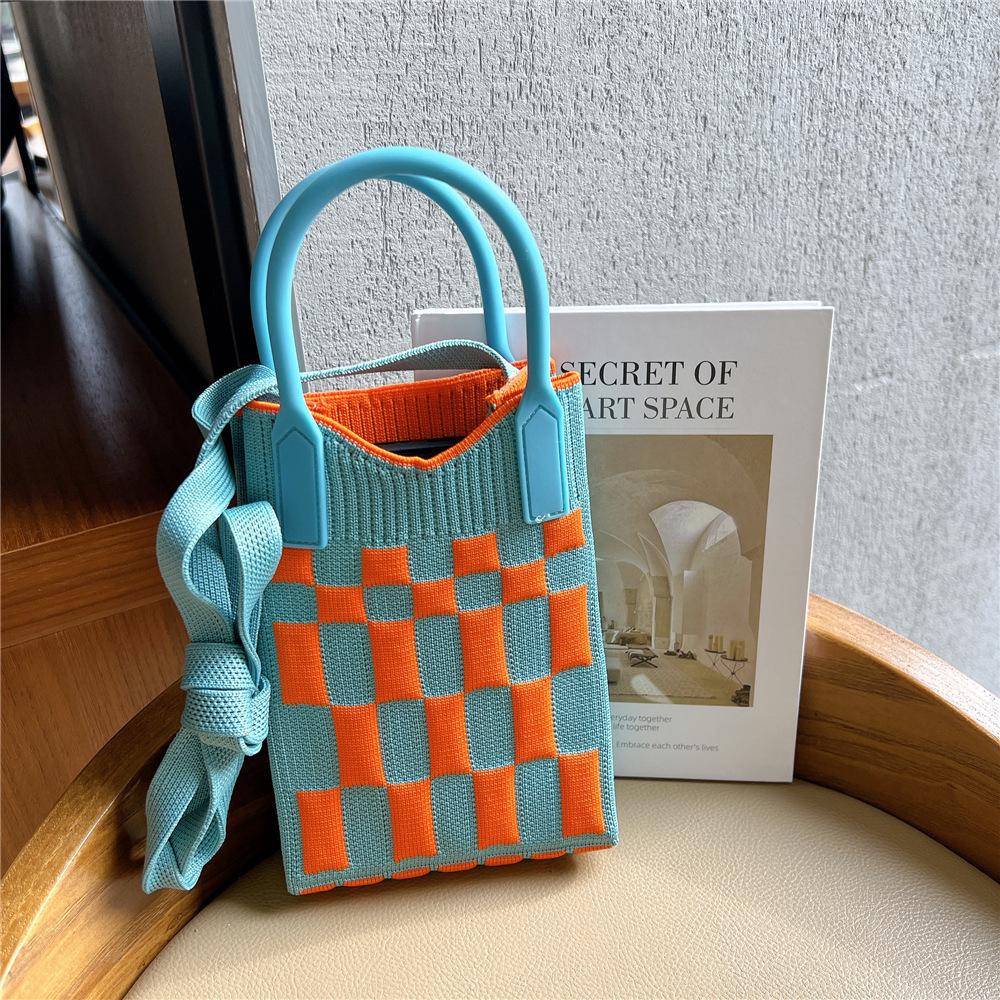 Plaid Cartoon Women's Crossbody Mini Bag: Cute, Lightweight, Knitted Phone Holder for Parent-Child Matching (2024)