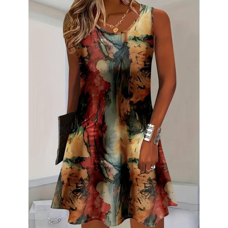 Women s Round Neck Sleeveless Abstract Pattern Print Dress M