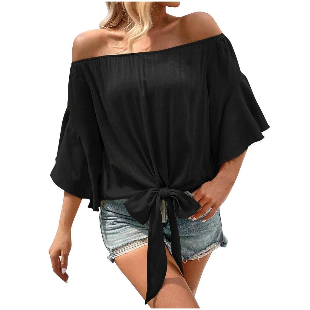 Women's Pleated Off The Shoulder Flowy Tops Sleeve Tie Knot Casual Vacation Blouse Ruched Shirts Plus Size