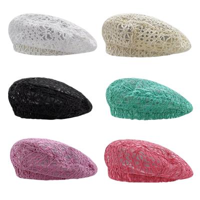 Baskenmütze aus Baumwolle für Damen, gehäkelt, lässige Beanie-Mütze, handgefertigt, gestrickt, mit Ausschnitt, Sommer-Blumen-Totenkopfmütze, Farbe optional