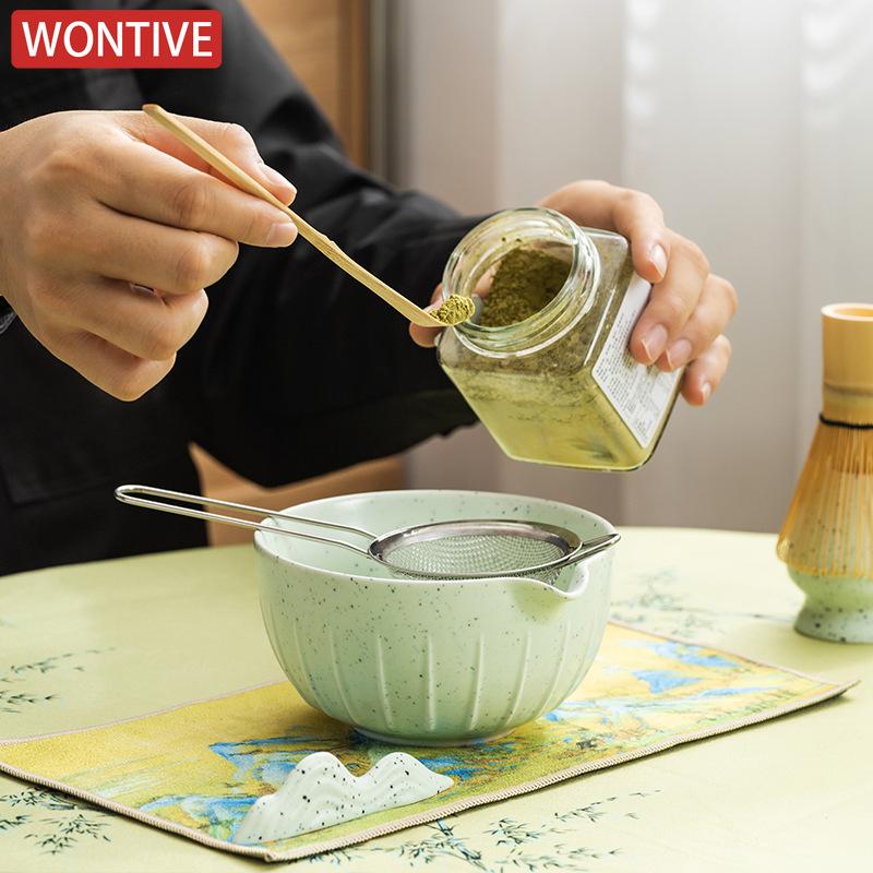 Zestaw Japońskiej Matchy 4/7 Szt. z Wypukłą Ceramiczną Miseczką, Bambusową Ubijaczką Matcha i Łyżeczką do Herbaty do Samodzielnego Robienia Herbaty, Akcesoria