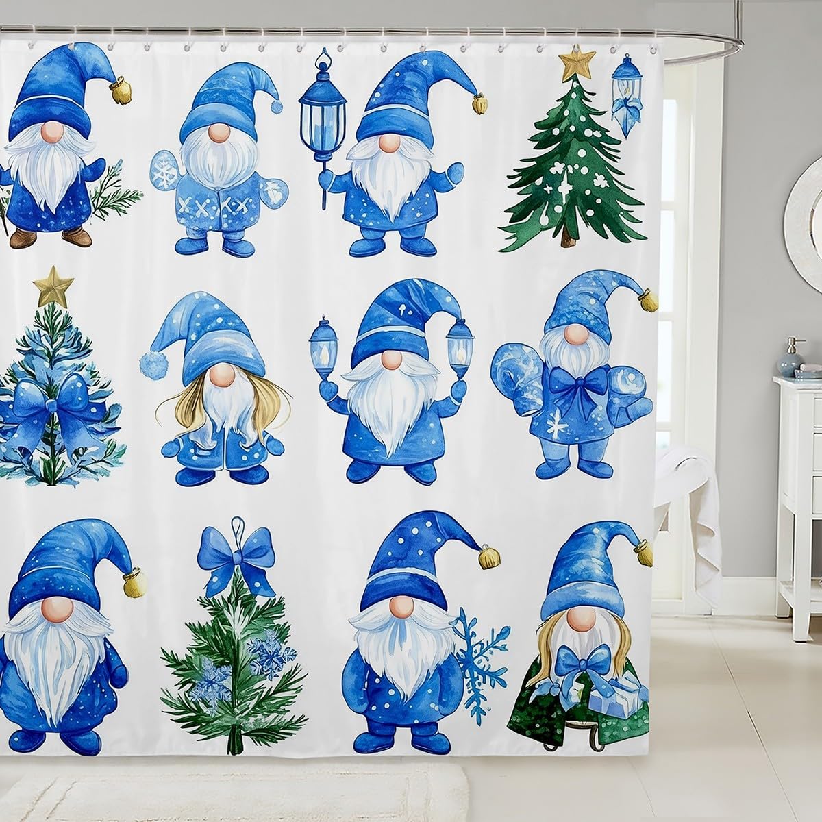 Christmas Happy Santa Claus Shower Curtain Red Xmas Decorations Fabric Shower Curtain,White Snowflake Bathroom Shower Curtain 90x180CM