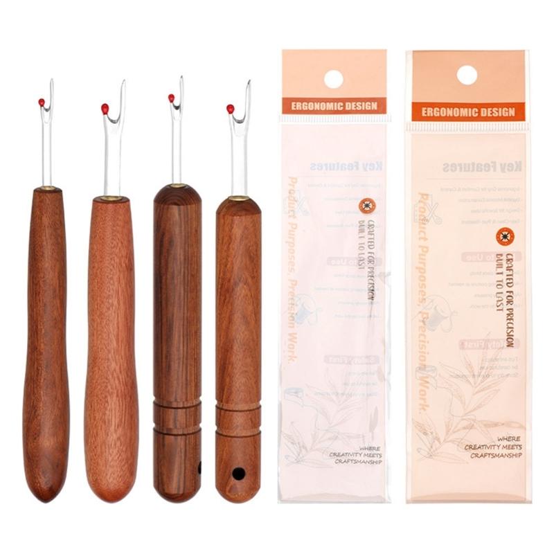 Pack of 4 Crosses Stitching Seam Ripper Featuring Wood Handle for Thread Removal and Comfortable Ergonomic Grip