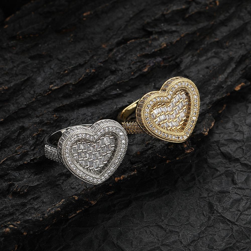 Love Ring, European and American Hip-hop Copper Inlaid Zircon, Women's Personality Popular Ring, Heart Ring.